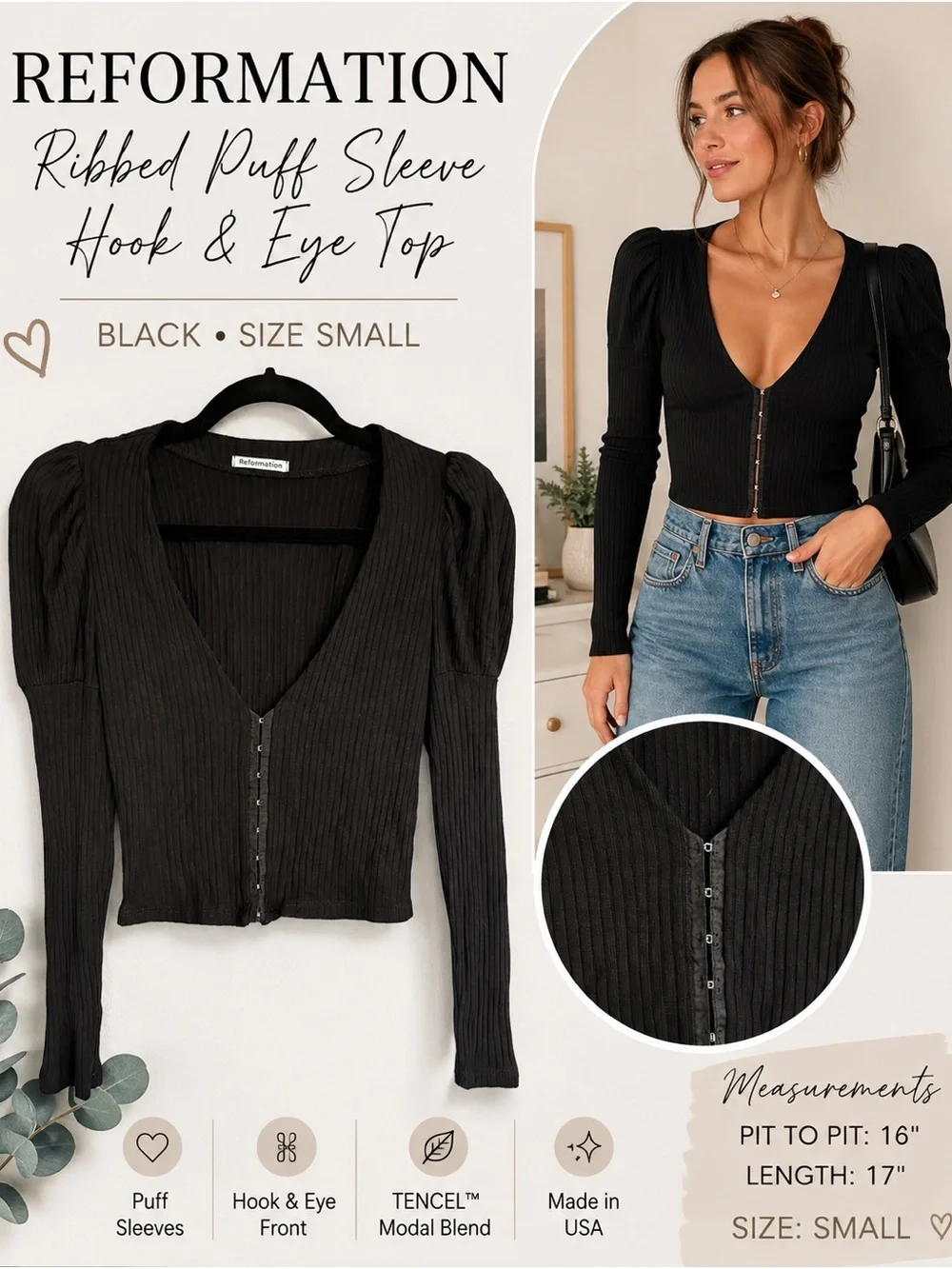 Reformation Black Ribbed Puff Sleeve Hook & Eye Top Size Small